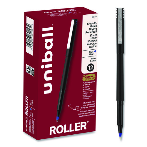 Rollerball+Pen%2C+Stick%2C+Extra-Fine+0.5+mm%2C+Blue+Ink%2C+Black%2FBlue+Barrel%2C+Dozen