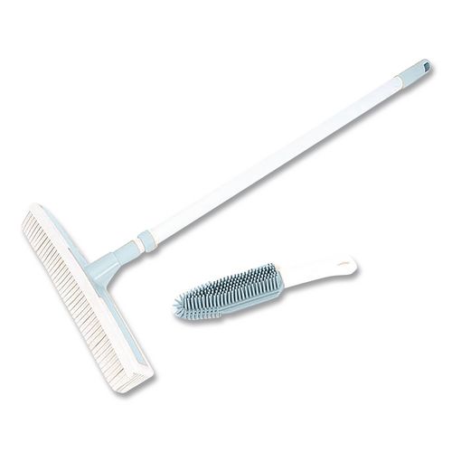 Picture of Rubber Broom and Handheld Brush,11.75 x 50 Plastic Handle, White/Blue
