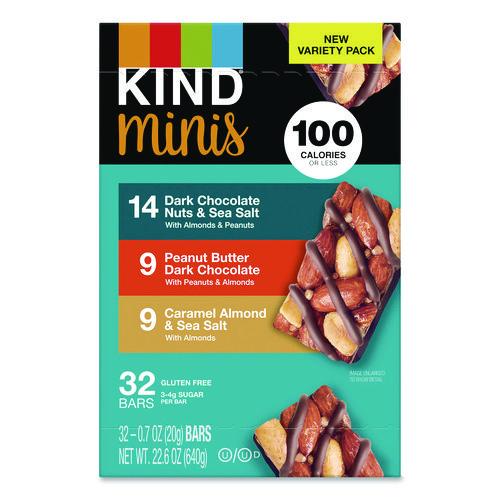 Picture of Minis, Dark Chocolate Nuts Sea Salt/Caramel Almond Nuts Sea Salt, 0.7 oz Bar, 32 Bars/Carton