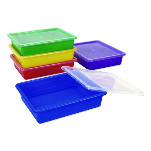Picture of Storage Tray with Lid, Flat, 1 gal, 10.65" x 10.65" x 2.96", Assorted Bright, 5/Pack