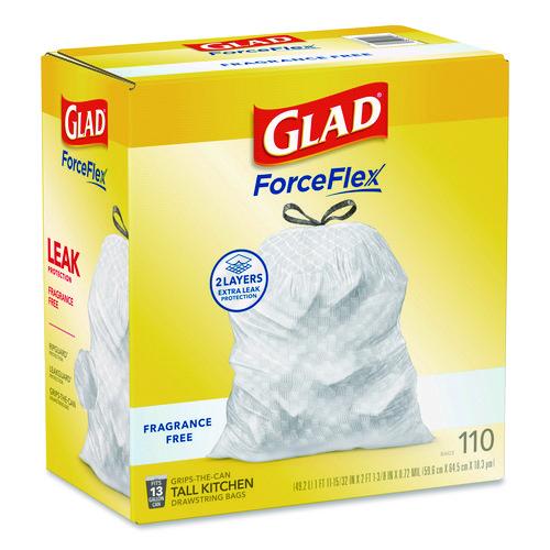 Picture of ForceFlex Kitchen Drawstring Trash Bags, Drawstring, 13 gal, Unscented, 23.47 x 25.38, White, 110 Bags/Box, 3 Boxes/Carton