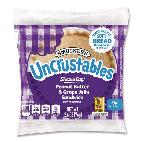 Picture of UNCRUSTABLES Peanut Butter and Grape Jelly on Wheat Bread, 2.6 oz Bag, 48/Carton