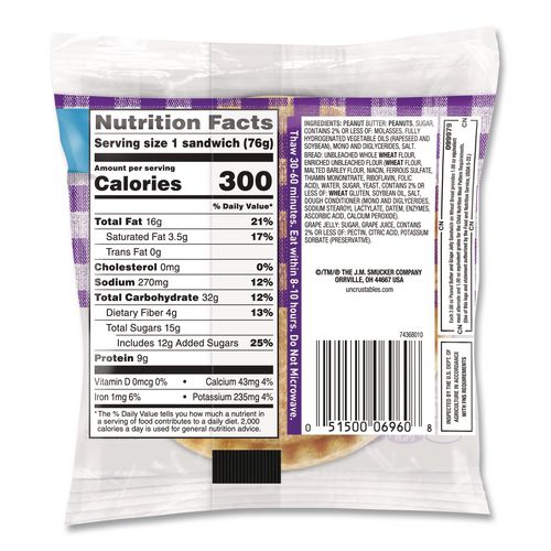 Picture of UNCRUSTABLES Peanut Butter and Grape Jelly on Wheat Bread, 2.6 oz Bag, 48/Carton