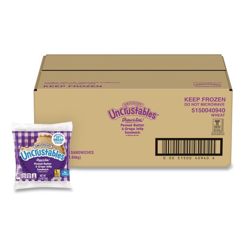 Picture of UNCRUSTABLES Peanut Butter and Grape Jelly on Wheat Bread, 2.6 oz Bag, 48/Carton