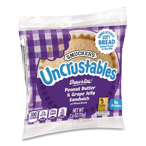 Picture of UNCRUSTABLES Peanut Butter and Grape Jelly on Wheat Bread, 2.6 oz Bag, 48/Carton