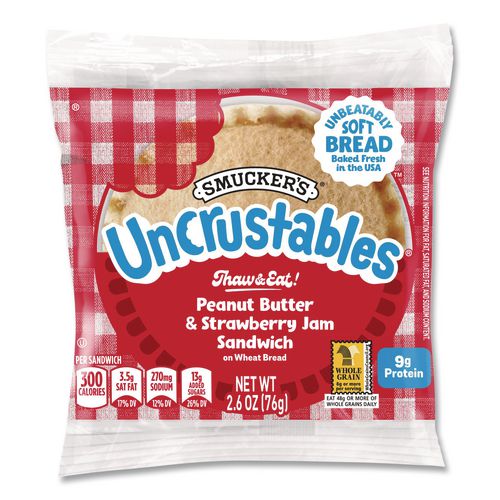 Picture of UNCRUSTABLES Peanut Butter and Strawberry Jam on Wheat Bread, 2.6 oz Bag, 48/Carton