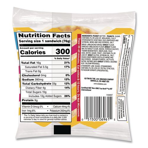 Picture of UNCRUSTABLES Peanut Butter and Strawberry Jam on Wheat Bread, 2.6 oz Bag, 48/Carton