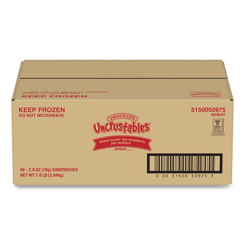 Picture of UNCRUSTABLES Peanut Butter and Strawberry Jam on Wheat Bread, 2.6 oz Bag, 48/Carton