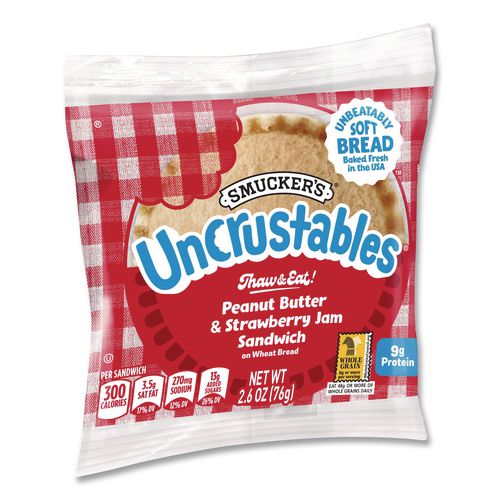Picture of UNCRUSTABLES Peanut Butter and Strawberry Jam on Wheat Bread, 2.6 oz Bag, 48/Carton