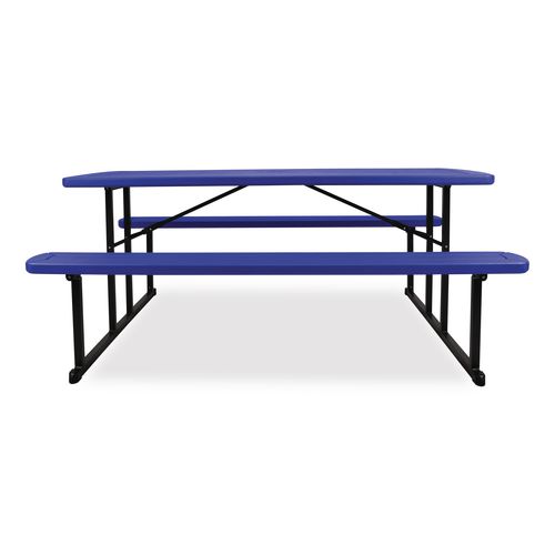 Picture of Blow Molded Folding Picnic Table, Rectangular, 57w x 72d x 29.5h, Blue Top, Black Base/Legs