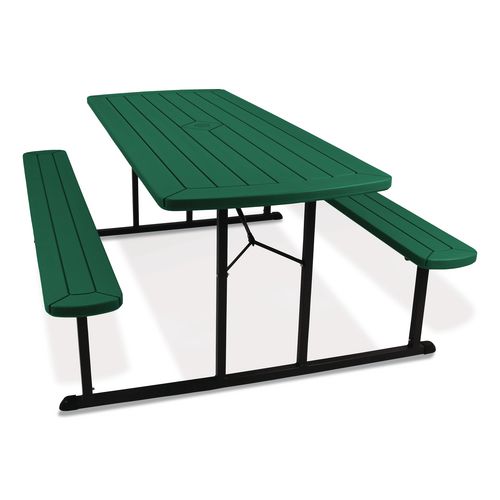 Picture of Blow Molded Folding Picnic Table, Rectangular, 57w x 72d x 29.5h, Green Top, Black Base/Legs