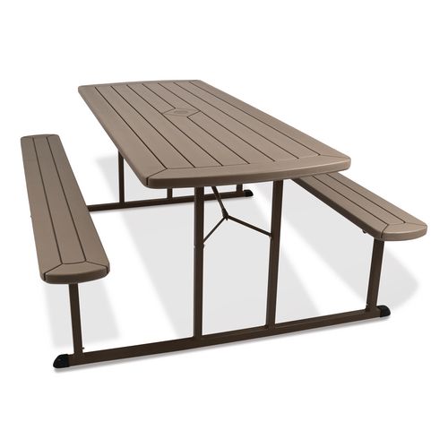 Picture of Blow Molded Folding Picnic Table, Rectangular, 57w x 72d x 29.5h, Brown Top, Brown Base/Legs
