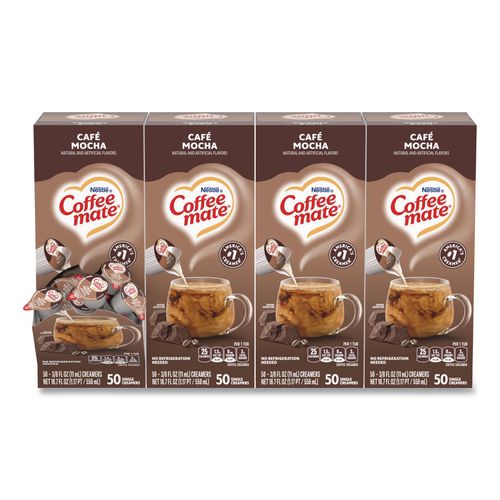 Liquid+Coffee+Creamer%2C+Cafe+Mocha%2C+0.38+oz+Mini+Cups%2C+50%2FBox%2C+4+Boxes%2FCarton