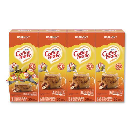 Liquid+Coffee+Creamer%2C+Hazelnut%2C+0.38+oz+Mini+Cups%2C+50%2FBox%2C+4+Boxes%2FCarton