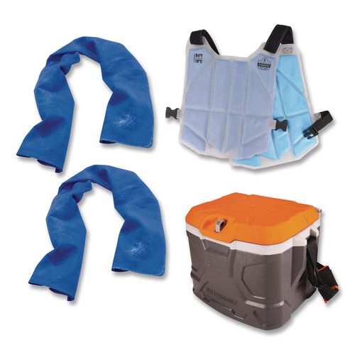 Picture of Chill-Its 6671 Heat Stress Prevention Kit, 2 Towels, Vest, 17 qt Cooler