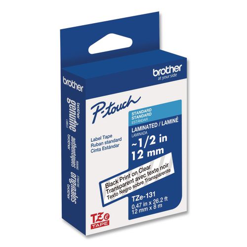 Picture of TZe Standard Adhesive Laminated Labeling Tape, 0.47" x 26.2 ft, Black on Clear