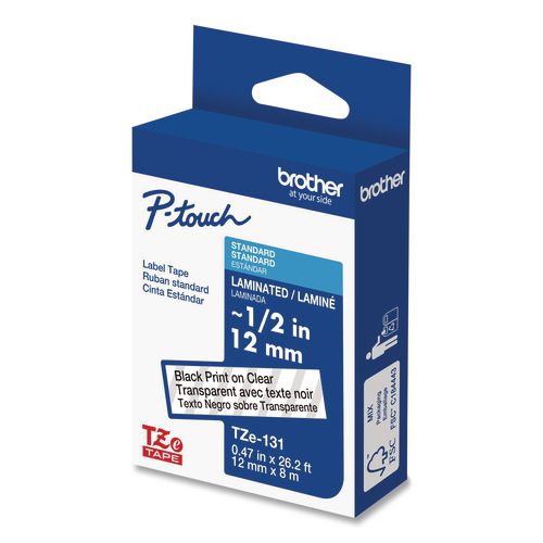 Picture of TZe Standard Adhesive Laminated Labeling Tape, 0.47" x 26.2 ft, Black on Clear