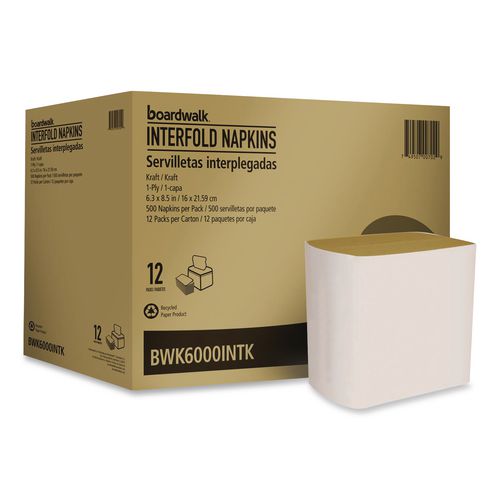 Picture of Interfold Napkins, 1-Ply, 8.8 x 6.3, Kraft, 500/Pack, 12 Packs/Carton