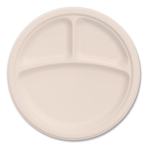 Picture of Compostable Molded Fiber Dinnerware, ProPlanet Seal, 3-Compartment Plate, 9" dia, Natural, 500/Carton