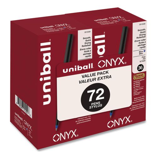 Picture of ONYX Rollerball Pen, Stick, Fine 0.7 mm, Blue Ink, Black/Blue Barrel, 72/Pack
