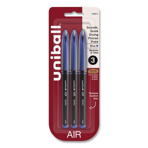 Picture of AIR Porous Gel Pen, Stick, Medium 0.7 mm, Blue Ink, Black/Blue Barrel, 3/Pack