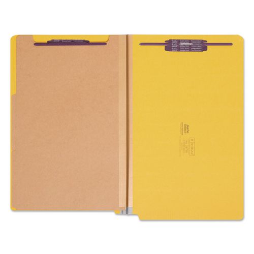 Picture of End Tab Pressboard Classification Folders, Six SafeSHIELD Fasteners, 2" Expansion, 2 Dividers, Legal Size, Yellow, 10/Box