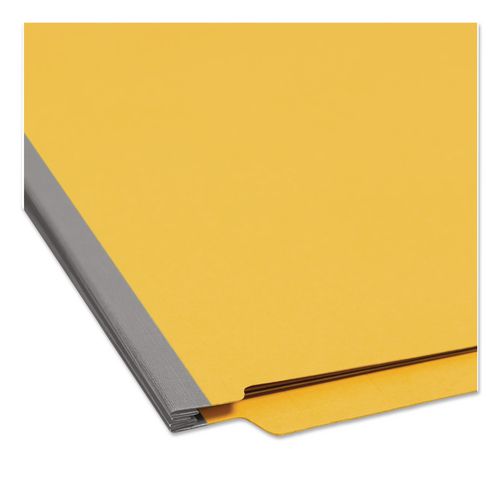 Picture of End Tab Pressboard Classification Folders, Six SafeSHIELD Fasteners, 2" Expansion, 2 Dividers, Legal Size, Yellow, 10/Box