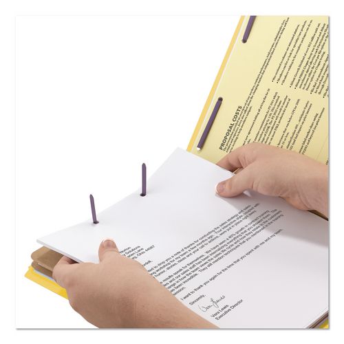 Picture of End Tab Pressboard Classification Folders, Six SafeSHIELD Fasteners, 2" Expansion, 2 Dividers, Legal Size, Yellow, 10/Box