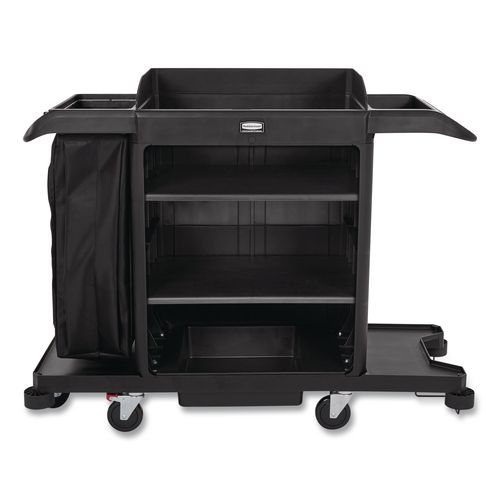 Picture of Full-Size Housekeeping Cart, Plastic, 3 Shelves, 1 Bin, 24.4 x 62.4 x 49, Black