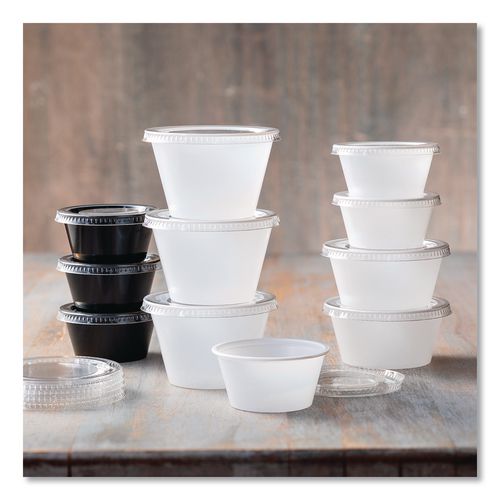 Picture of Portion Cup Lids, Fits 3.25 oz to 5.5 oz Portion Cups, Plastic, Clear, 2,500/Carton