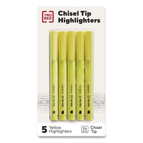 Picture of Pen Style Chisel Tip Highlighter, Yellow Ink, Chisel Tip, Yellow Barrel, 5/Pack