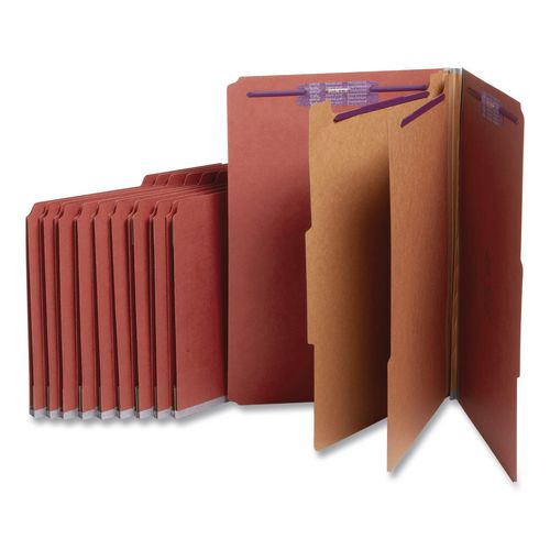 Pressboard+Classification+Folders%2C+Six+SafeSHIELD+Fasteners%2C+2%2F5-Cut+Tabs%2C+2+Dividers%2C+Legal+Size%2C+Red%2C+10%2FBox