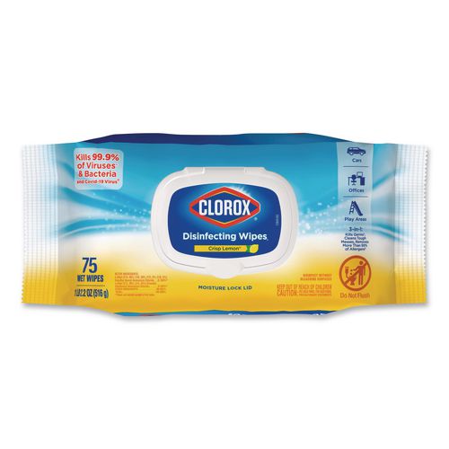 Disinfecting+Cleaning+Wipes%2C+Flex+Pack%2C+1-Ply%2C+8+x+7%2C+Lemon+Scent%2C+White%2C+75+Towels%2FBox