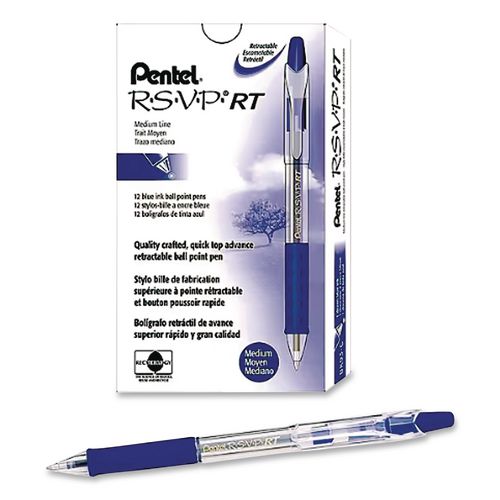 R.S.V.P.+Super+RT+Ballpoint+Pen%2C+Retractable%2C+Medium+0.7+mm%2C+Blue+Ink%2C+Translucent+Blue%2FBlue+Barrel%2C+Dozen