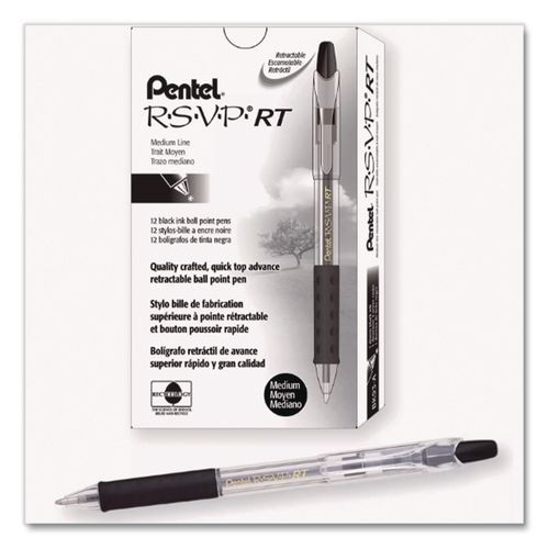 R.S.V.P.+Super+RT+Ballpoint+Pen%2C+Retractable%2C+Medium+1+mm%2C+Black+Ink%2C+Clear%2FBlack+Barrel%2C+Dozen