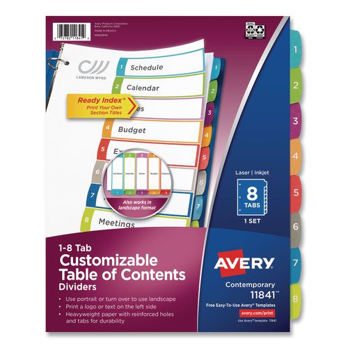 Customizable+TOC+Ready+Index+Multicolor+Tab+Dividers%2C+8-Tab%2C+1+to+8%2C+11+x+8.5%2C+White%2C+Contemporary+Color+Tabs%2C+1+Set