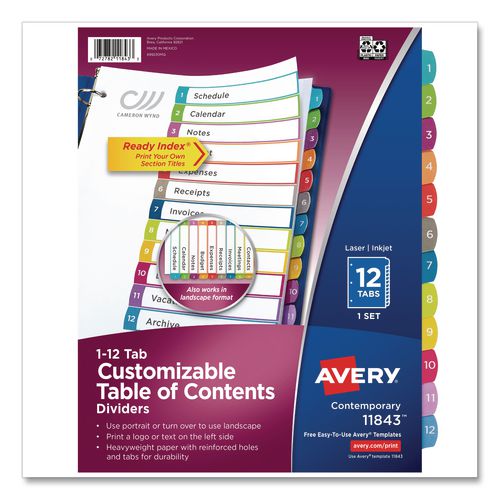 Customizable+TOC+Ready+Index+Multicolor+Tab+Dividers%2C+12-Tab%2C+1+to+12%2C+11+x+8.5%2C+White%2C+Contemporary+Color+Tabs%2C+1+Set