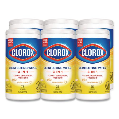 Disinfecting+Wipes%2C+Bleach+Free+Cleaning+Wipes%2C+1-Ply%2C+7+x+7.75%2C+Crisp+Lemon%2C+White%2C+75%2FCanister%2C+6+Canisters%2FCarton