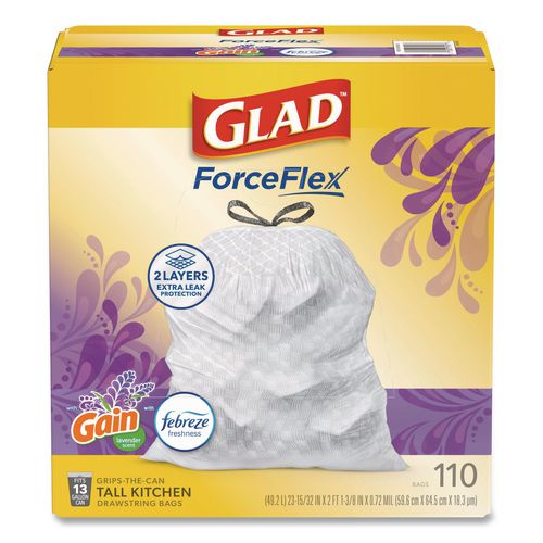 ForceFlex+Tall+Kitchen+Drawstring+Trash+Bags%2C+13+gal%2C+Gain+Lavender+with+Febreze+Freshness%2C+10.18+x+9.81%2C+White%2C+110%2FBox