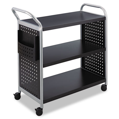 Picture of Scoot Three Shelf Utility Cart, Metal, 3 Shelves, 1 Bin, 300 lb Capacity, 31" x 18" x 38", Black/Silver