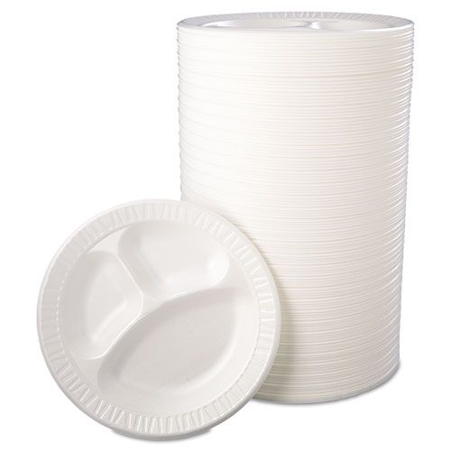 Picture of Quiet Class Laminated Foam Dinnerware, 3-Compartment Plate, 10.25" dia, White, 125/Pack, 4 Packs/Carton