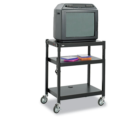 Picture of Adjustable-Height Steel AV Cart, Metal, 3 Shelves, (5) AC Outlets, 120 lb Capacity, 27.25" x 18.25" x 36.5", Black