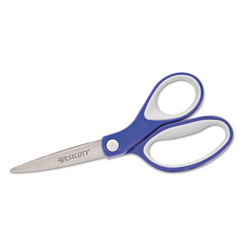 Picture of KleenEarth Soft Handle Scissors, Pointed Tip, 7" Long, 2.25" Cut Length, Blue/Gray Straight Handle