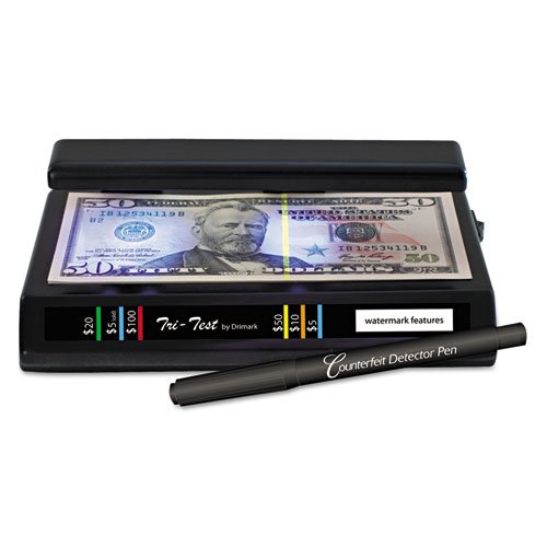 Picture of Tri Test Counterfeit Bill Detector with Pen, U.S.; Canadian; Mexican; EU; UK; Chinese Currencies, 7 x 4 x 2.5, Black