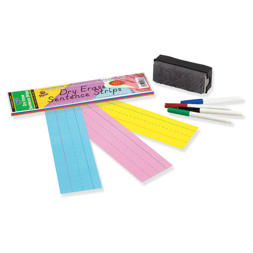 Picture of Dry Erase Sentence Strips, 12 x 3, Blue; Pink; Yellow, 30/Pack