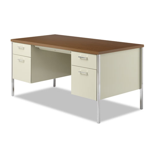 Picture of Double Pedestal Steel Desk, 60" x 30" x 29.5", Cherry/Putty, Chrome-Plated Legs