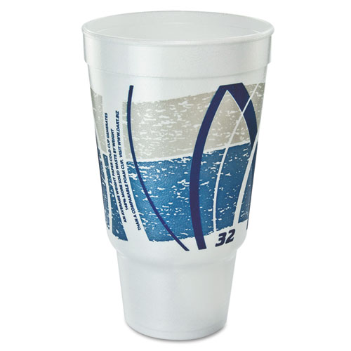 Picture of Impulse Hot/Cold Foam Drinking Cup, 32 oz, Flush Fill, Pedestal Base, White/Blue/Gray, 16/Bag, 25 Bags/Carton
