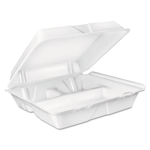 Picture of Foam Hinged Lid Container, 3-Compartment, 8 oz, 9 x 9.4 x 3, White, 200/Carton