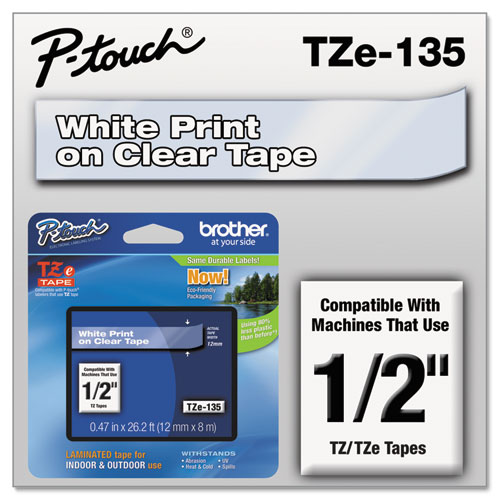 Picture of TZe Standard Adhesive Laminated Labeling Tape, 0.47" x 26.2 ft, White on Clear