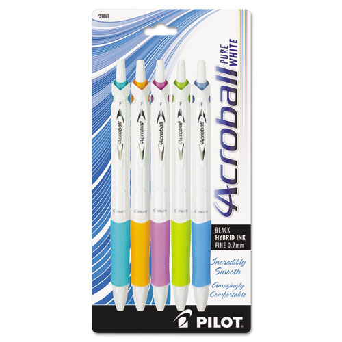 Picture of Acroball PureWhite Advanced Ink Hybrid Gel Pen, Retractable, Fine 0.7 mm, Black Ink, Assorted Barrel Colors, 5/Pack